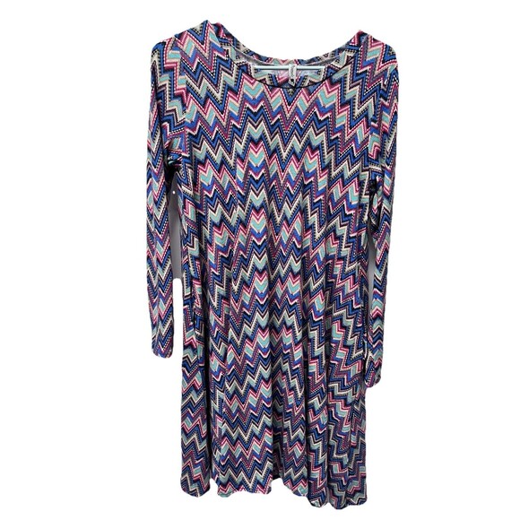 Pomelo Spandex 3/4 Sleeve Abstract Chevron Dress Misses Large Swing Hemline - Picture 1 of 6